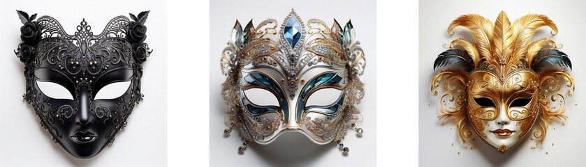 Poster - Three ornate masquerade masks; a dark, horned design, an elegant feathered creation, and a flamboyant gold design with horns.