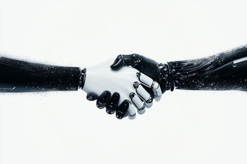 Poster - A human hand engages in a stylized handshake with a sleek robotic arm against a neutral background. This scene illustrates the potential for future cooperation at midday under soft lighting