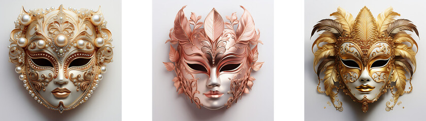 Three ornate Venetian masks, each in a different color, display intricate details and unique hairstyles.