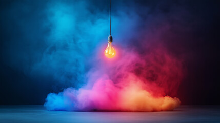 Poster - Dynamic interplay of colored light and shadow from a hanging bulb illuminating swirling smoke in a dark environment