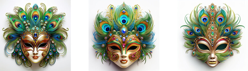 Poster - Three elegant Venetian masks adorned with peacock feathers.  Intricate details and vibrant colors create a luxurious feel.