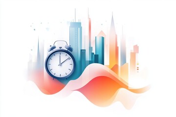 Poster - A flat, colorful design of a quiet room suddenly filled with sound waves emanating from a ringing alarm clock, set against a white background