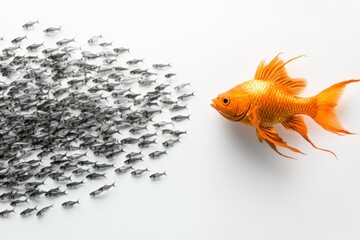 Aufkleber - A flat, colorful design of a single unique fish swimming in the opposite direction of a school of uniform gray fish, rendered against a clean white canvas