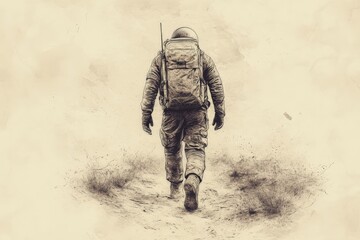 Poster - Astronaut walking across a barren landscape under a muted sky at an unknown time