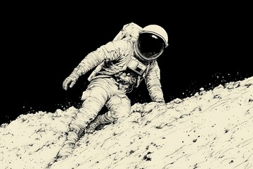 Poster - Astronaut explores the lunar surface in a detailed illustration of space exploration at night