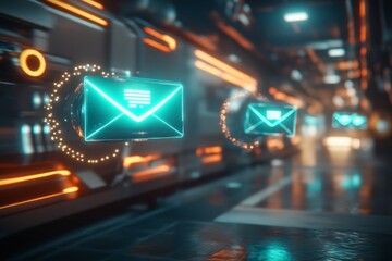 Poster - A futuristic scene of correspondence through holographic mail, with glowing blue envelopes floating in mid-air, surrounded by sleek digital interfaces