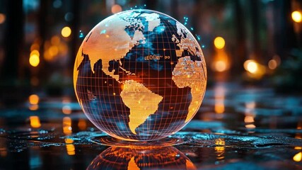 Poster - Lit globe reflecting on water in a glowing outdoor setting at night