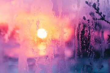 Aufkleber - Beautiful sunset viewed through a misty window with vibrant colors and soft reflections captured during twilight hours