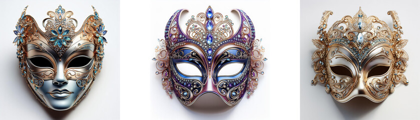 Poster - Three ornate Venetian-style masks, each with unique color palettes and detailing, are displayed against a neutral background.  The masks showcase intricate craftsmanship and elaborate designs.