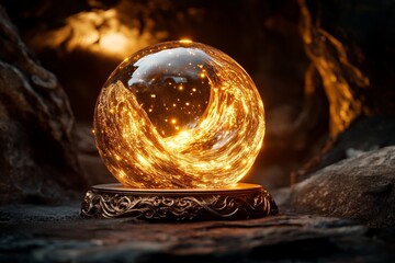 Poster - A glowing magical artifact placed on an ornate pedestal in a dark cave, especially drawing attention with radiant light and mystical energy swirling around it
