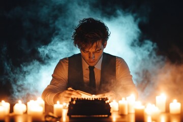 Poster - A gothic depiction of a consultant sitting at a dark wooden desk with candles casting eerie light on a ledger filled with mysterious strategies