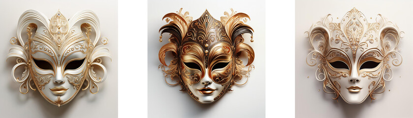 Sticker - Three ornate Venetian masks, each with unique coloring and horn-like details, displayed against a neutral background.