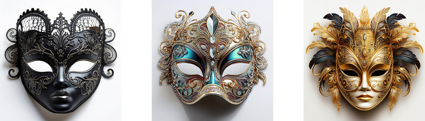 Poster - Three ornate masquerade masks, each with unique designs and colors, showcase intricate craftsmanship.