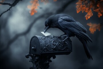 Poster - A gothic depiction of a raven delivering a sealed letter, perched on a dark, ornate mailbox with shadowy trees in the background