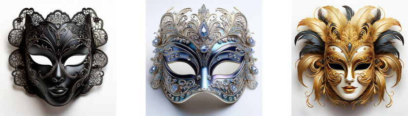 Poster - Three ornate Venetian masks, each in a different color: black, silver, and gold.  They feature elaborate detailing and horns.