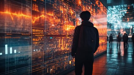 Poster - a person observes digital art installation in a high-tech urban space during the evening