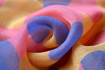 Poster - Colorful fabric with bold polka dots in pink, blue, and yellow displaying intricate textures