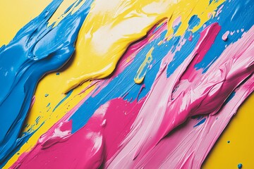 Aufkleber - Colorful paint strokes blending together on a bright yellow background create an abstract artwork