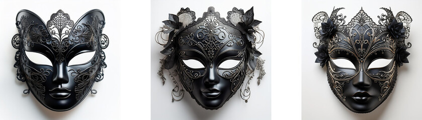 Wall Mural - Three elegant black masquerade masks, each with unique ornate detailing, are displayed against a white backdrop.  Their designs feature intricate patterns and stylized features.