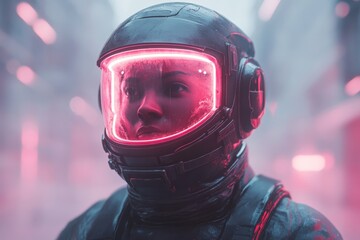 Poster - Futuristic astronaut in neon-lit urban environment showcasing technology and style at dawn