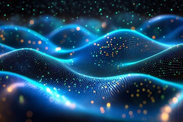 Poster - Vibrant abstract waves with glowing particles in a surreal digital landscape