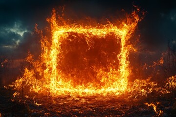 Aufkleber - Fire engulfs a square shape in a dramatic landscape under dark clouds at dusk