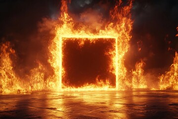 Poster - Flames surround a glowing square in a dark, smoky environment at night creating a dramatic and surreal atmosphere