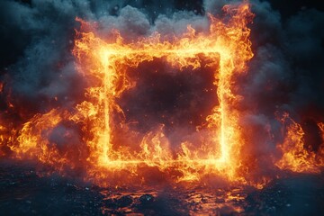 Aufkleber - Flames create a striking square frame amidst dark clouds and smoky atmosphere in an artistic display