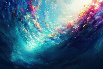 Fototapete - An abstract underwater background filled with swirling, vibrant colors and fluid movements, creating a harmonious yet energetic atmosphere in the depths of the sea