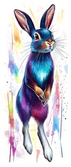 Poster - Colorful rabbit watercolor, standing, rainbow background, print