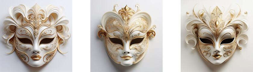 Sticker - Three ornate, off-white masks with feathery details and  intricate designs.  Each mask possesses a unique, elegant style.