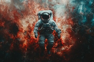 Poster - Astronaut floating in vibrant cosmic space surrounded by colorful nebula and stardust during deep space exploration