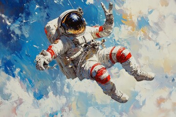 Poster - Astronaut floating in space with a peace sign against a vibrant blue backdrop of clouds