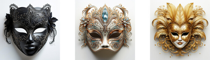 Poster - Three ornate masquerade masks; one dark, one light grey, one gold.  Each displays unique, fantastical features.