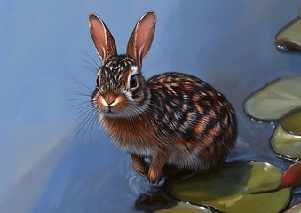 Poster - Curious rabbit in pond, lily pads, sunny day, wildlife art