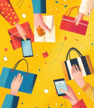 An engaging online shopping banner with collage-style illustrations of hands holding shopping bags and smartphones, set against a bright, trendy backdrop.