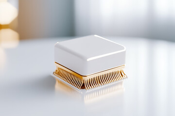 Poster - A single white microchip is placed centrally on a clean white tabletop. Bright, even light illuminates the scene, enhancing the high-tech minimalist aesthetic in the midday atmosphere