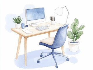 Poster - Minimalist and cozy watercolor styled workspace featuring a slim wooden desk  an ergonomic swivel chair  and a geometric lamp