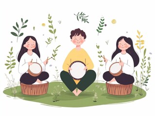 Three individuals  a man and two women  are shown seated in a meditative pose amid a serene Japanese ceremonial setting featuring lush foliage  blooming flowers  and other natural elements