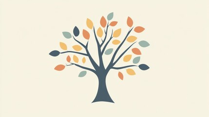 Aufkleber - Colorful tree icon featuring branches and leaves showcasing autumn hues against a neutral background. Generative AI