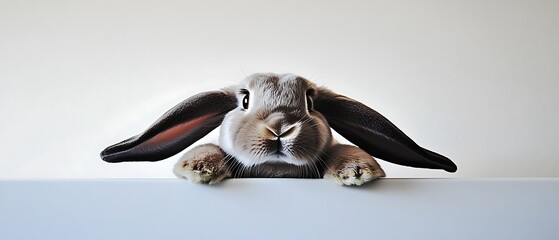 Canvas Print - Cute bunny peeking over white, simple background