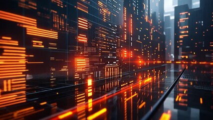 Fototapete - Futuristic cityscape illuminated by glowing digital elements at night