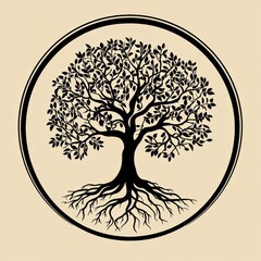 Fototapete - Tree of life illustration showing intricate roots and leafy branches in a circular design on a light background. Generative AI