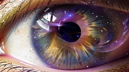 Poster - Explore the beauty of the universe reflected in a human eye surrounded by vibrant colors and cosmic elements. Generative AI