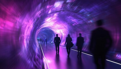 Poster - Blurred Motion Of Business People Walking In A Futuristic Tunnel Captured With Slow Shutter Speed For An Artistic Effect