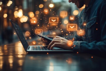 Aufkleber - Engaging with digital devices at an outdoor workspace during twilight hours