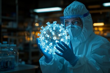 Poster - Scientist examining a glowing virus model in a laboratory setting during nighttime
