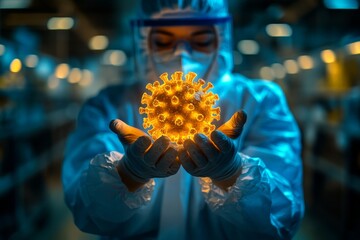 Poster - Scientist holding a glowing representation of a virus in a laboratory setting during nighttime