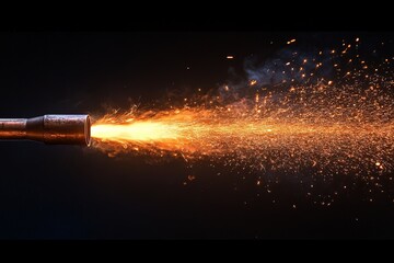 Aufkleber - Flame and sparks erupting from a metal nozzle in a dark setting during a metalworking process