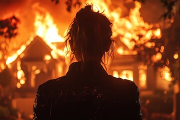 Poster - Fire engulfs house while a person watches from a distance in a dramatic nighttime setting